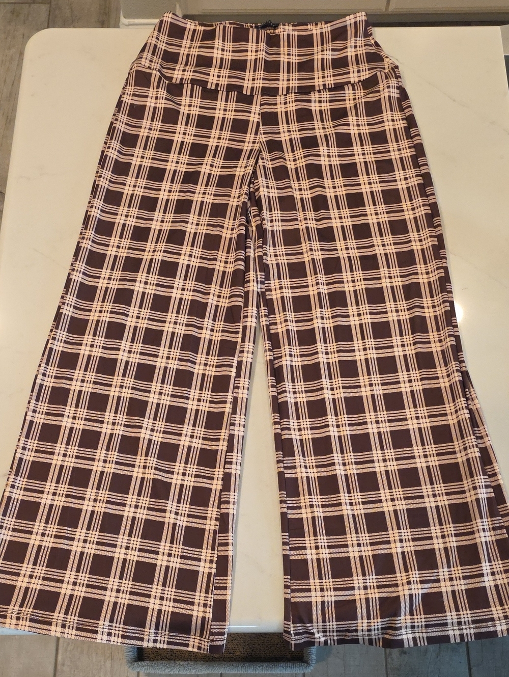 Plaid Wide-Leg Palazzo Pants in Brown and Cream
